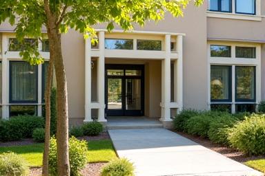 A bright and welcoming care home exterior.